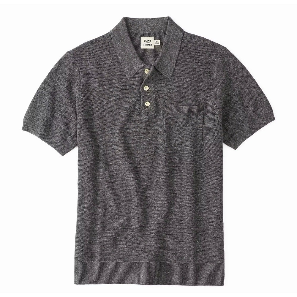 Flint & Tinder Mens M Huckberry Cotton Linen Textured Sweater Polo Gray Heather